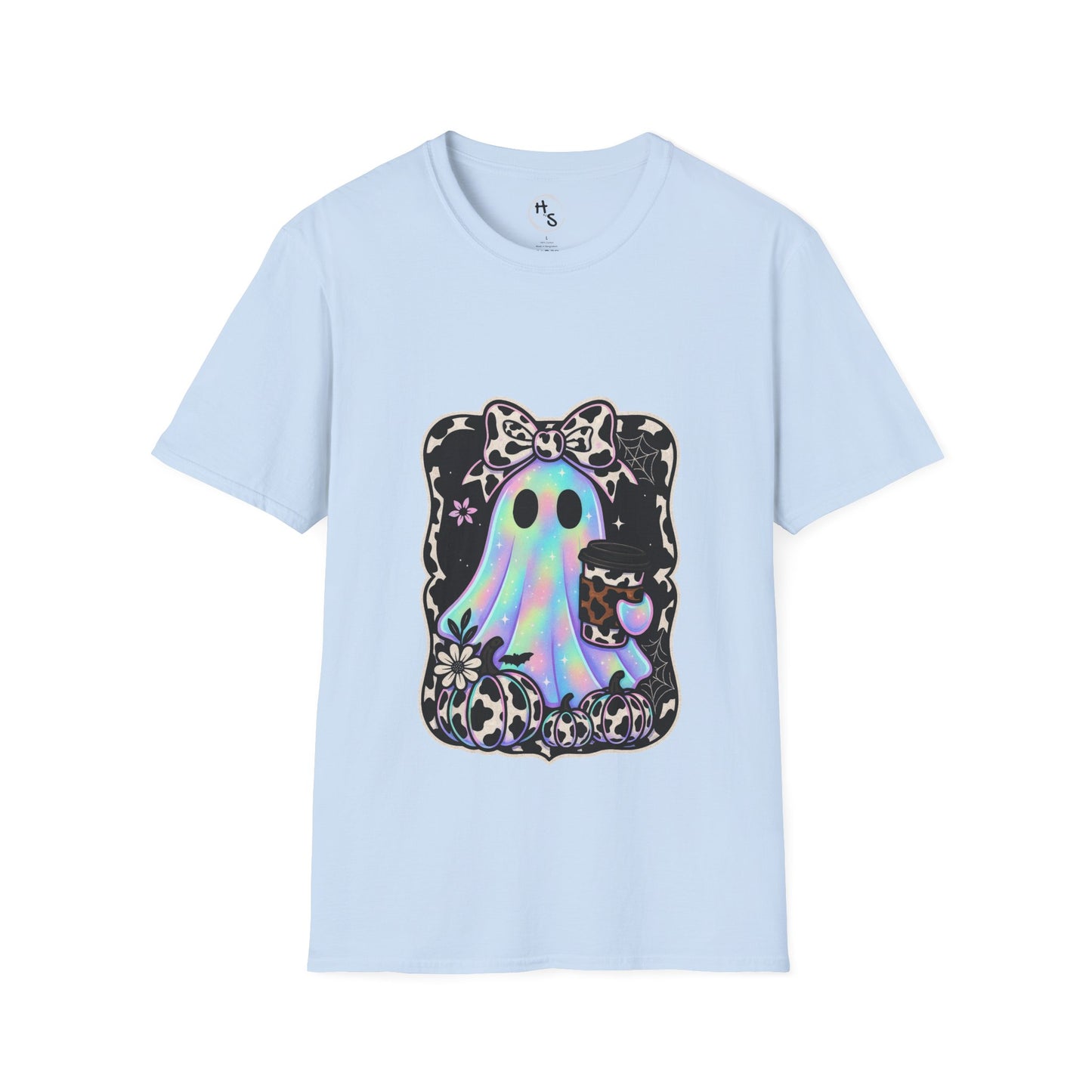Light blue t-shirt with a colorful ghost design on a white background
