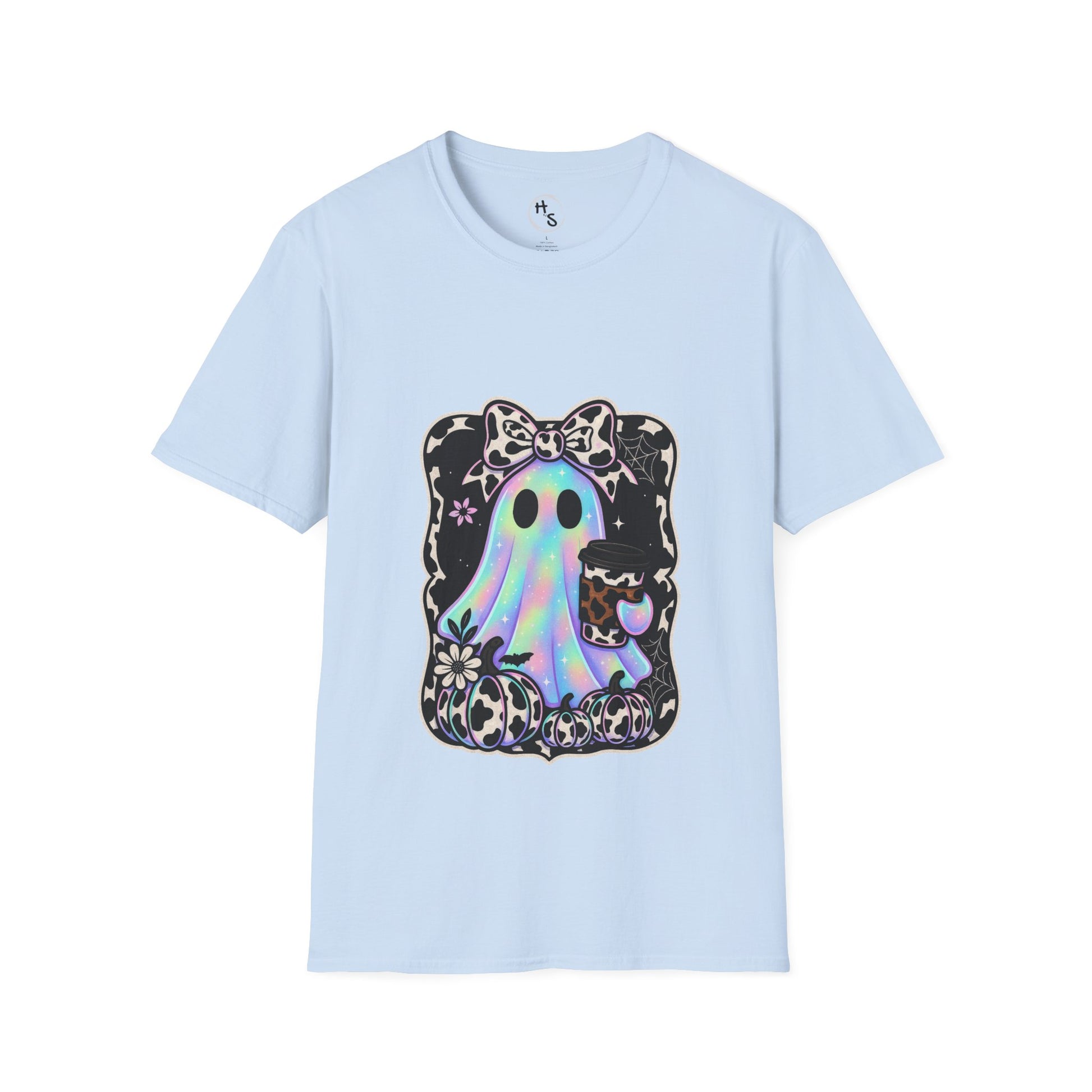 Light blue t-shirt with a colorful ghost design on a white background