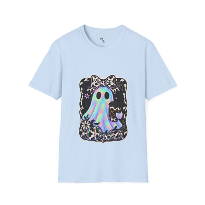 Light blue t-shirt with a colorful ghost design on a white background