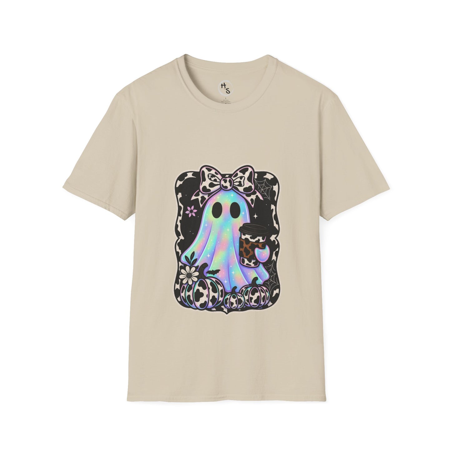 Beige t-shirt with a colorful ghost design on a white background