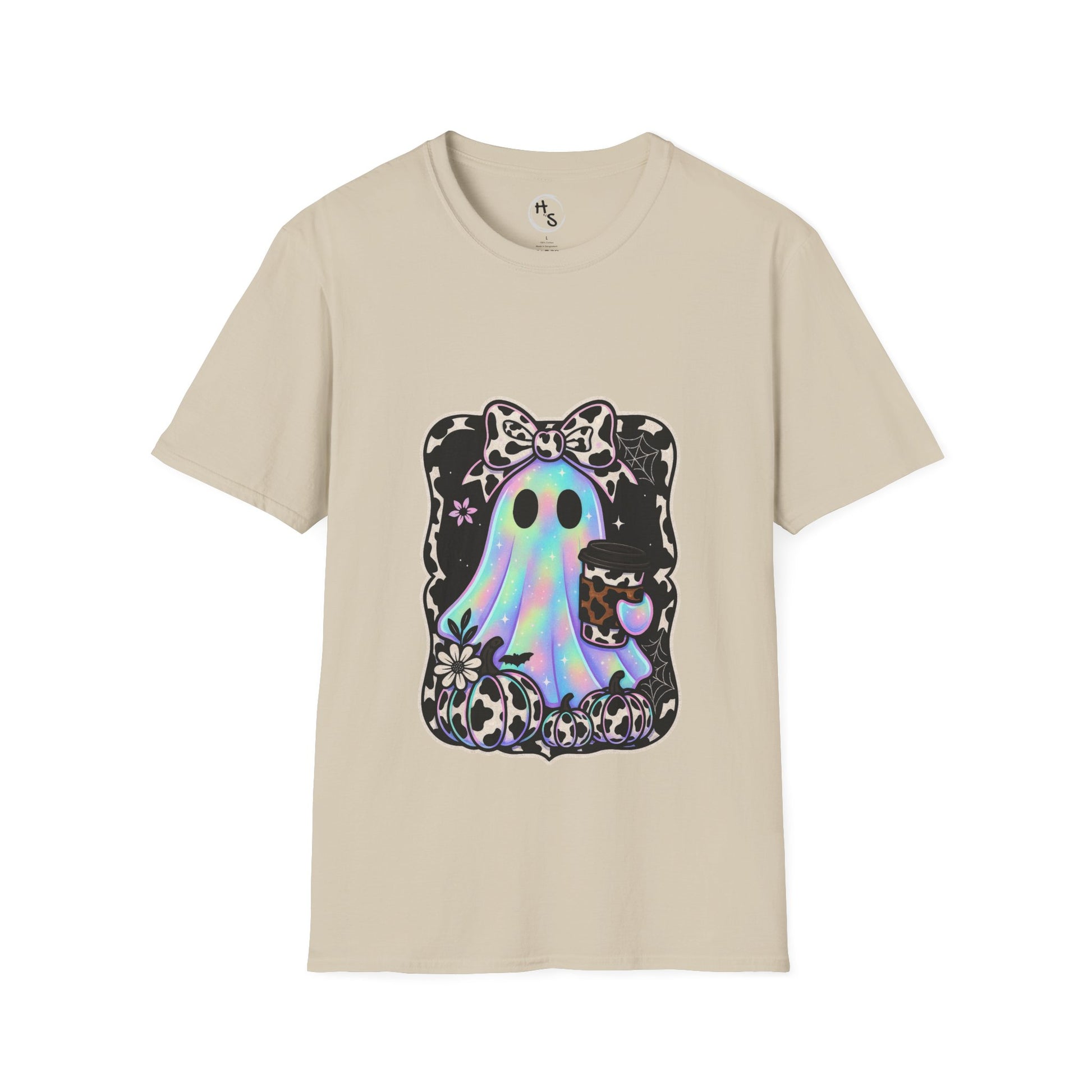 Beige t-shirt with a colorful ghost design on a white background