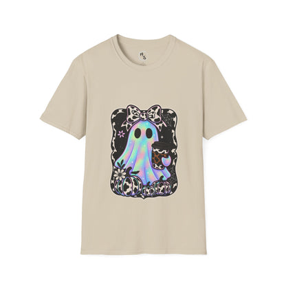 Beige t-shirt with a colorful ghost design on a white background