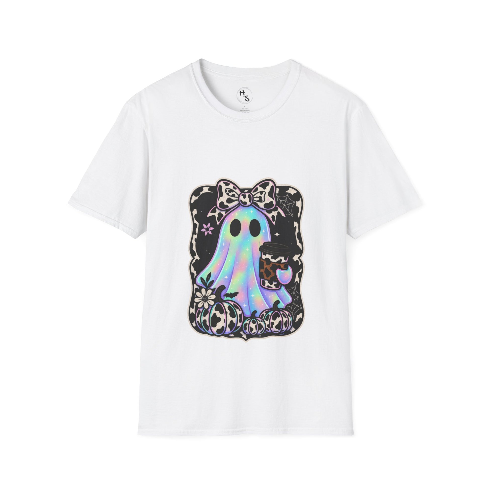 White t-shirt with a colorful ghost design on a white background