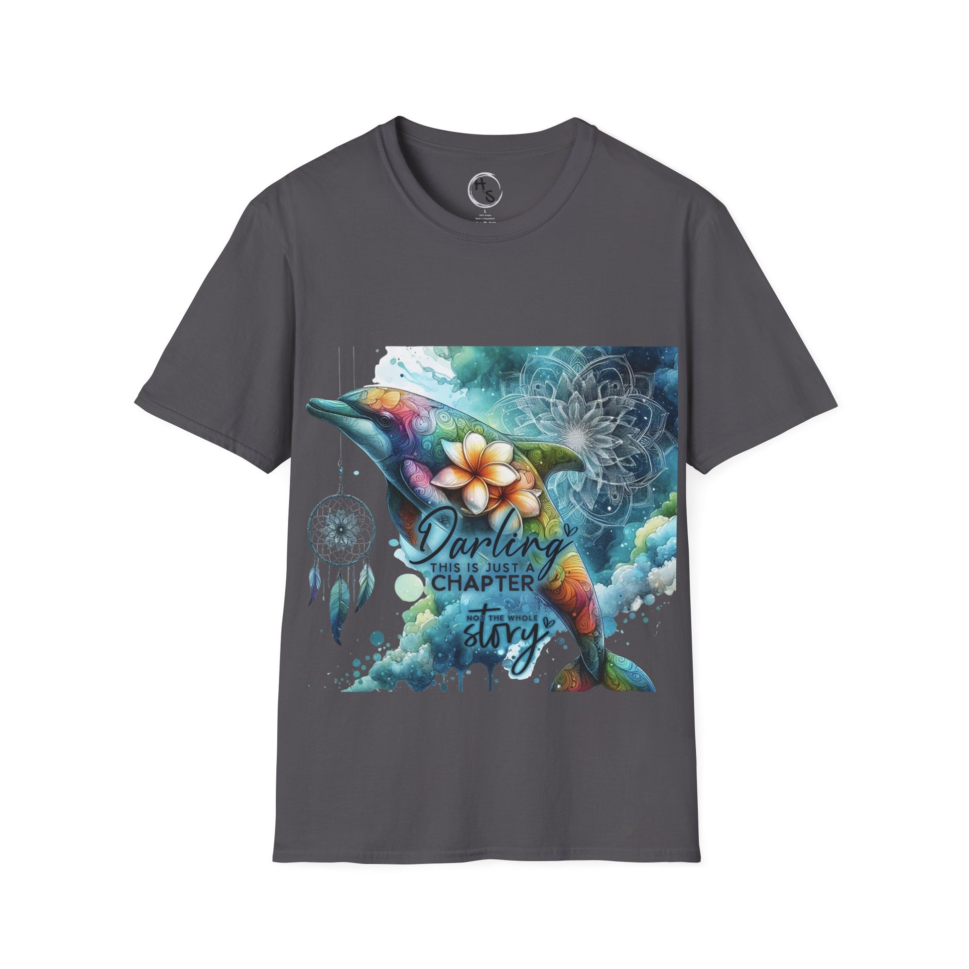 Gray t-shirt with a colorful dolphin graphic and text on a white background