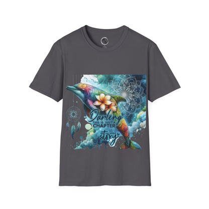 Gray t-shirt with a colorful dolphin graphic and text on a white background