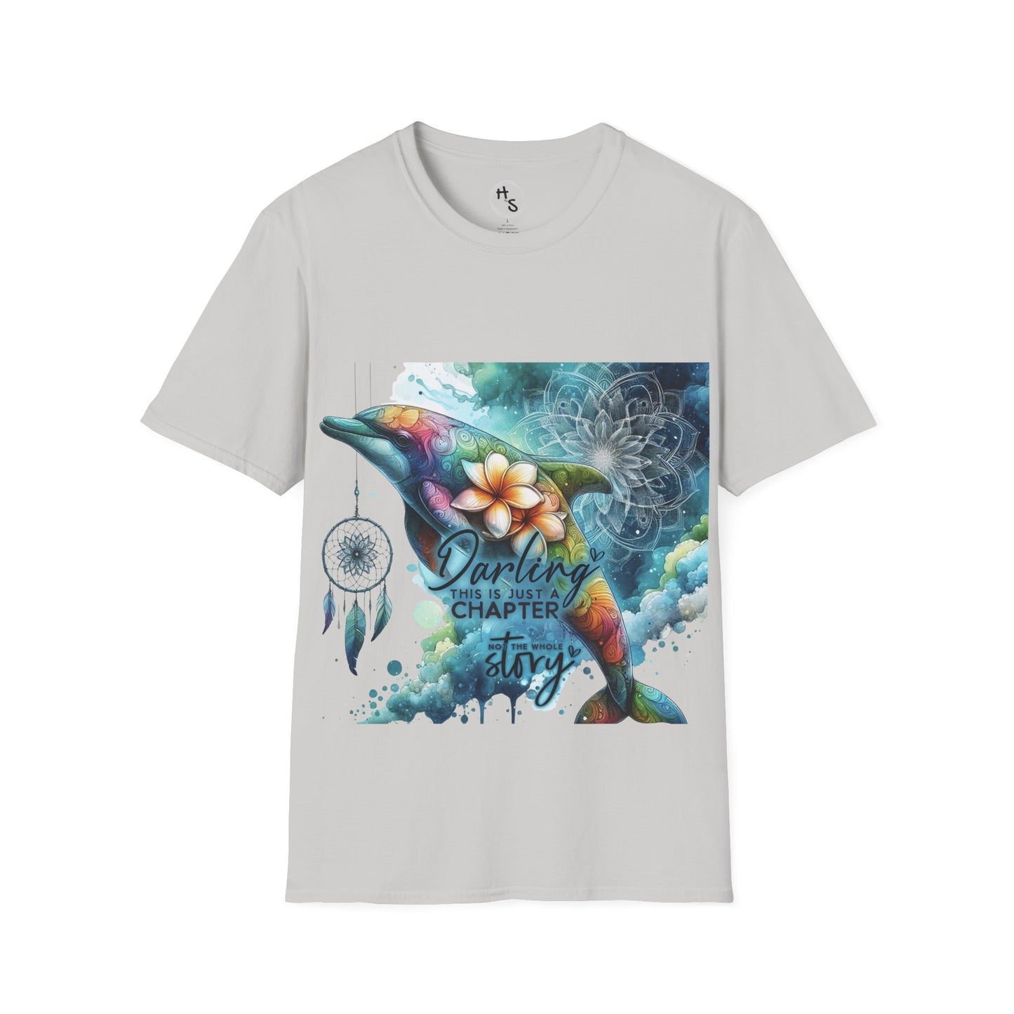 Gray t-shirt with a colorful dolphin graphic and text on a white background