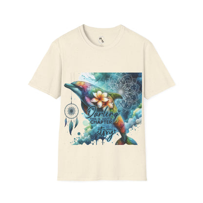 Beige t-shirt with a colorful dolphin design and text on a white background