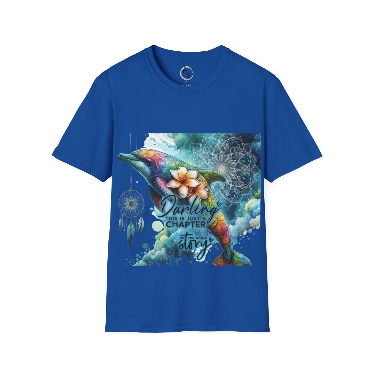Blue t-shirt with a colorful dolphin design and text on a white background