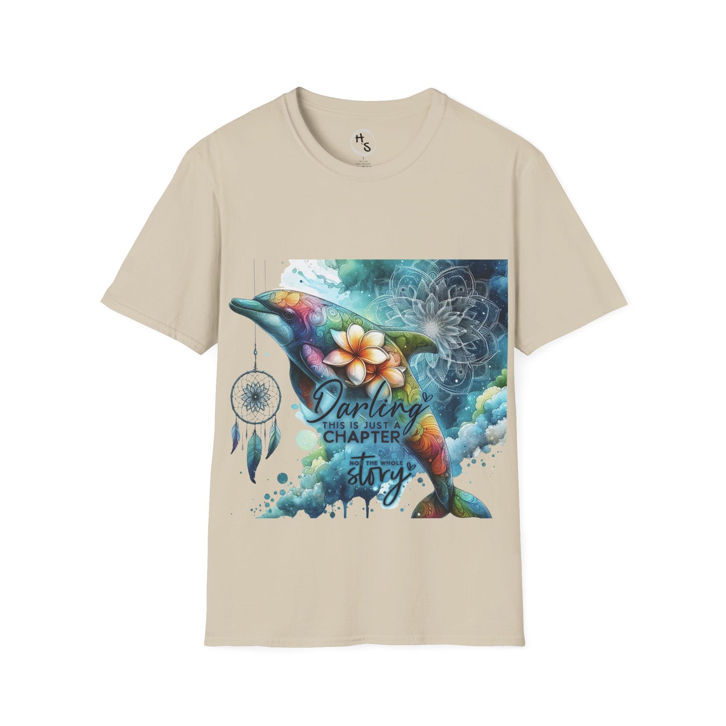 Beige t-shirt with a colorful dolphin design and text on a white background
