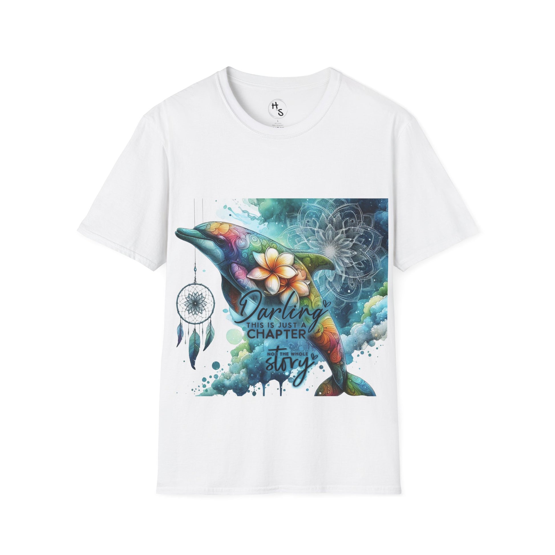 White t-shirt with a colorful dolphin design and text on a white background