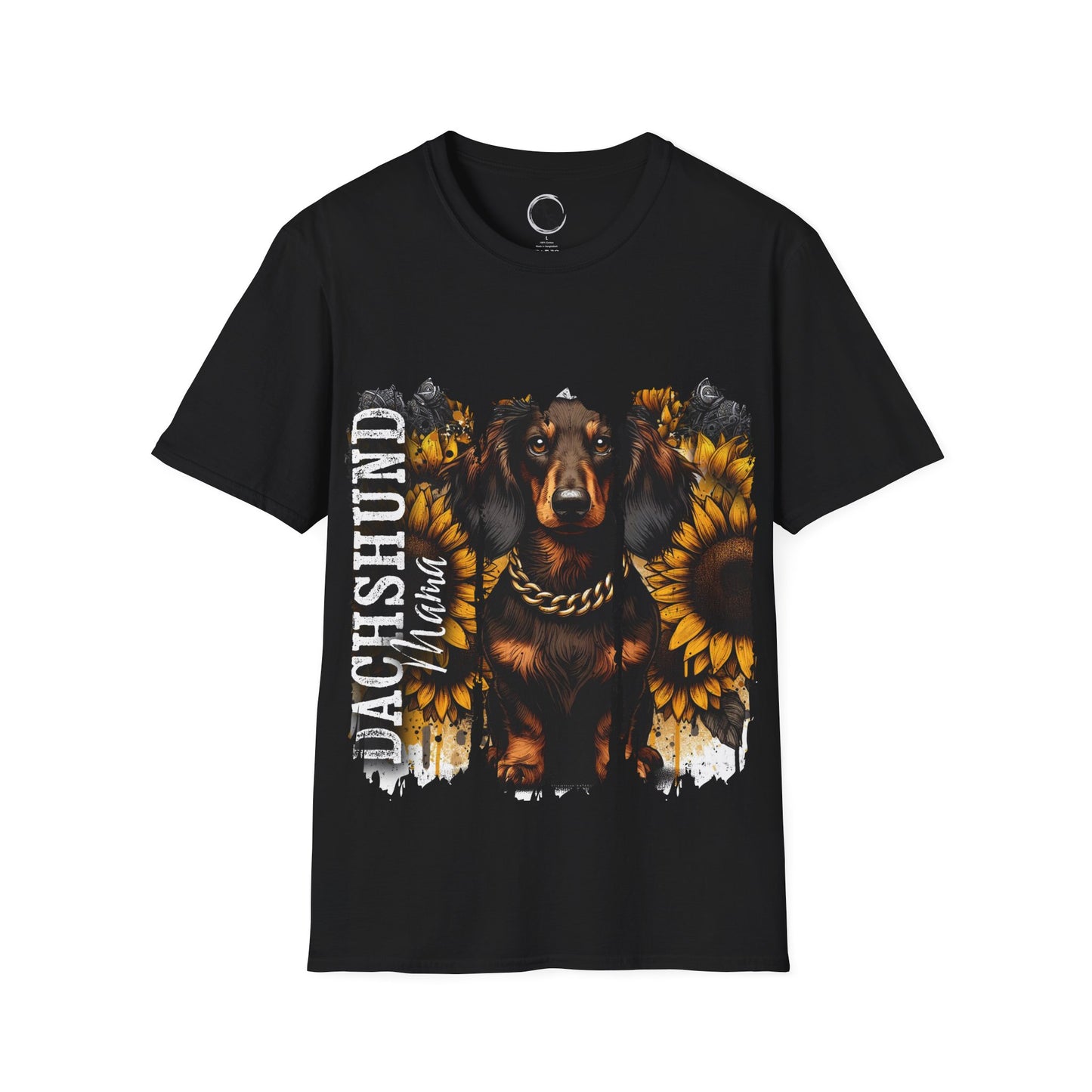 Black t-shirt with a dachshund and sunflower design on a white background