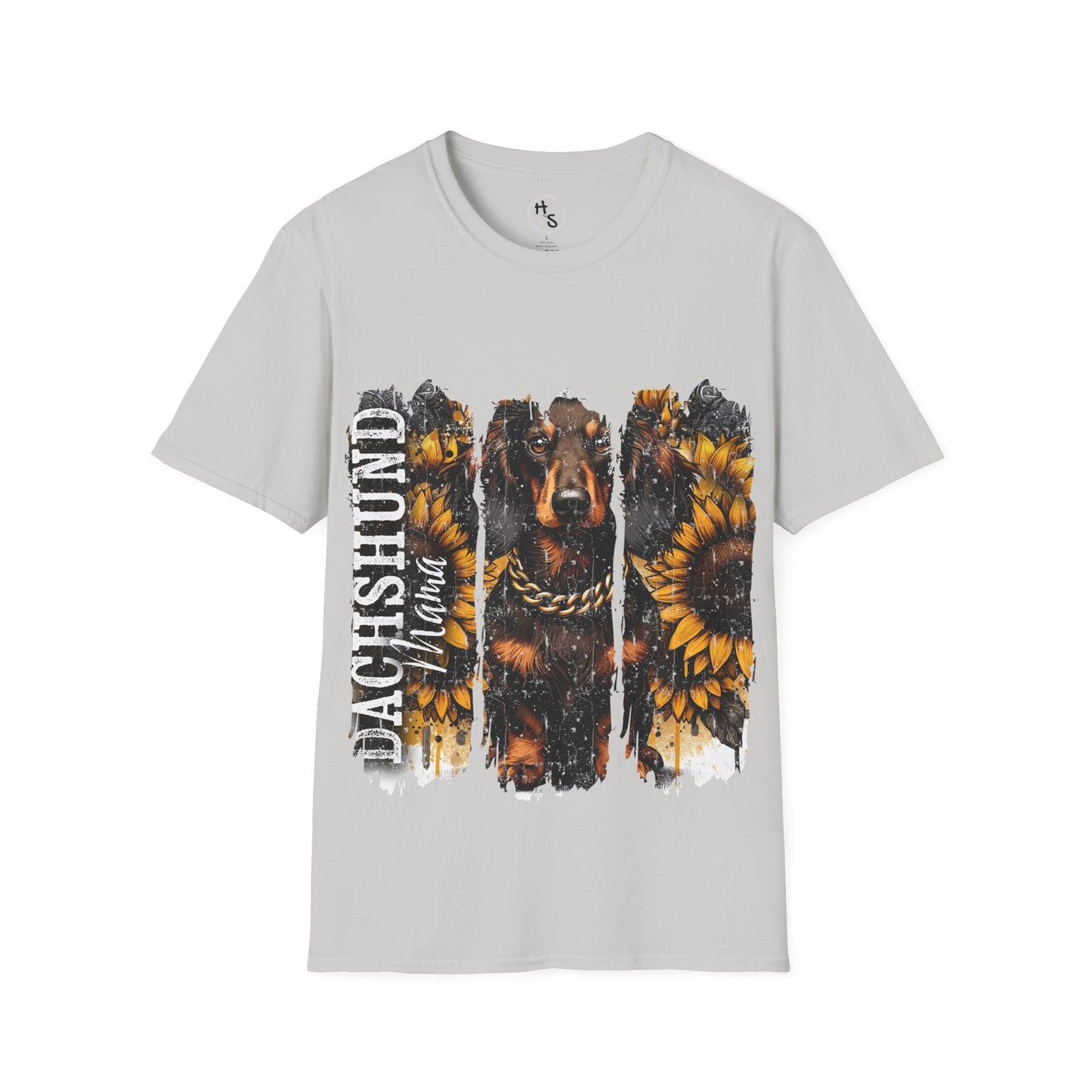 Gray t-shirt with a dachshund and sunflower design on a white background
