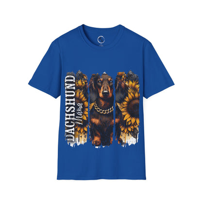 Blue t-shirt with a dachshund and sunflower design on a white background