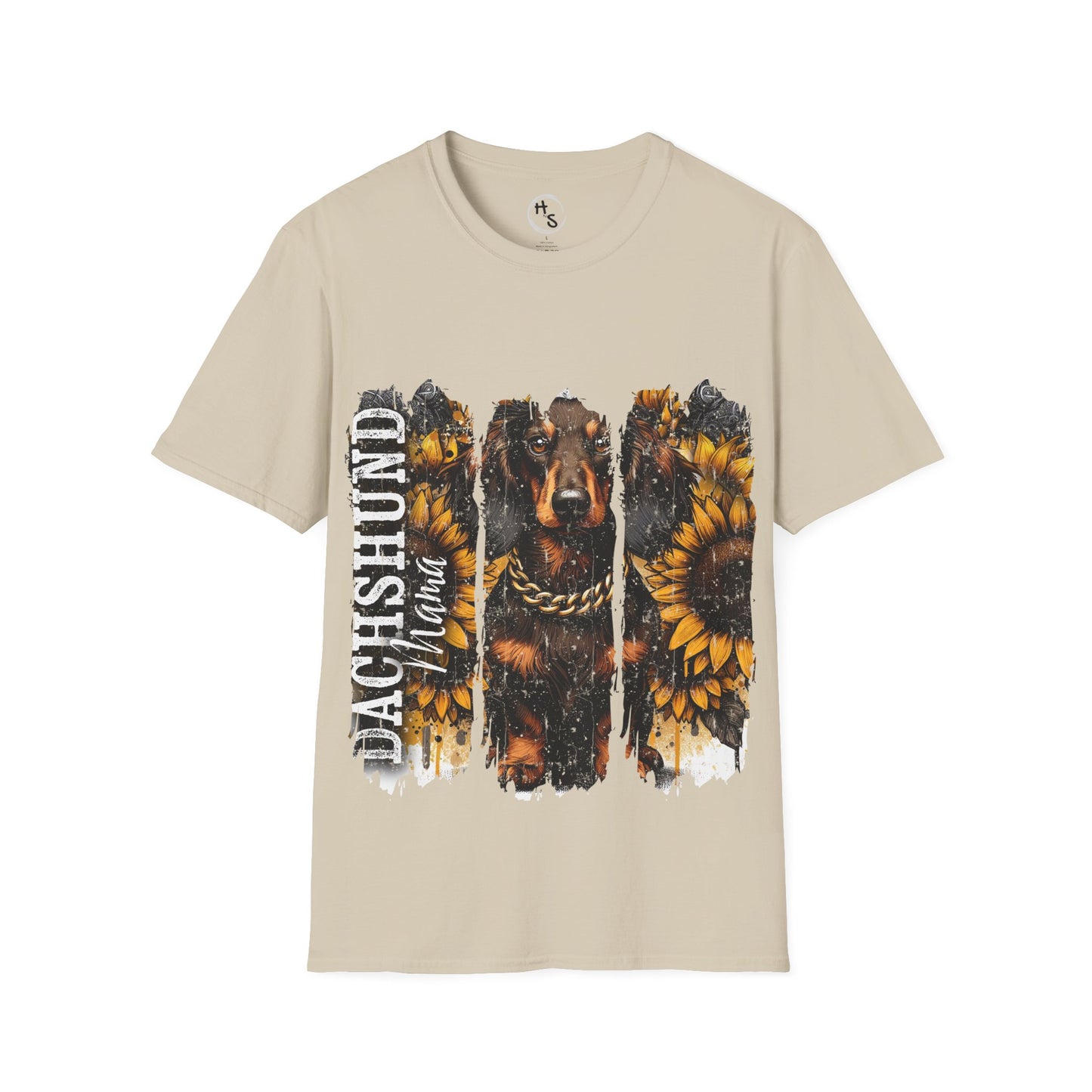 Beige t-shirt with a dachshund and sunflower design on a white background