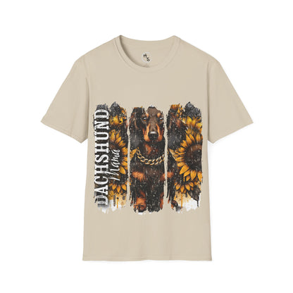 Beige t-shirt with a dachshund and sunflower design on a white background