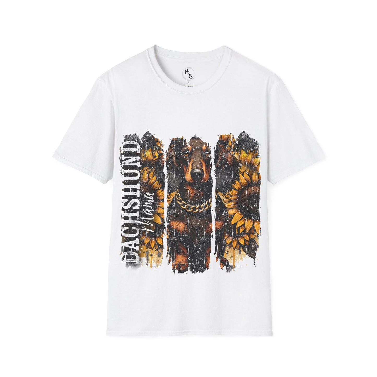 White t-shirt with a graphic of a dachshund and sunflowers on a white background