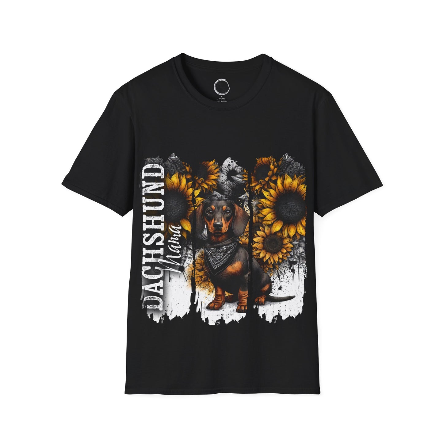 Black t-shirt with a dachshund and sunflower design on a white background