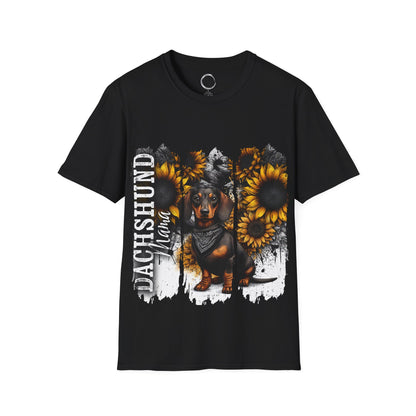 Black t-shirt with a dachshund and sunflower design on a white background