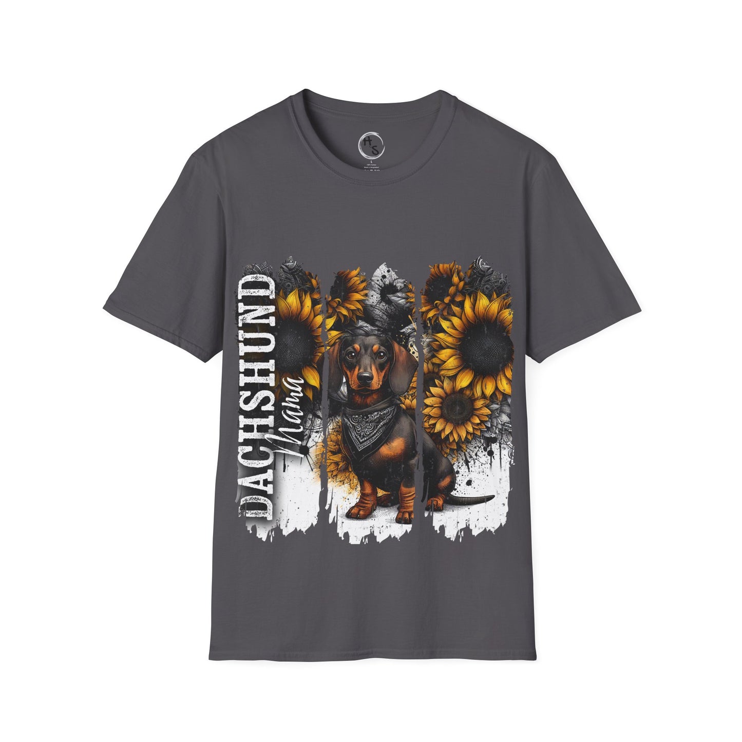 Gray t-shirt with a dachshund and sunflower design on a white background