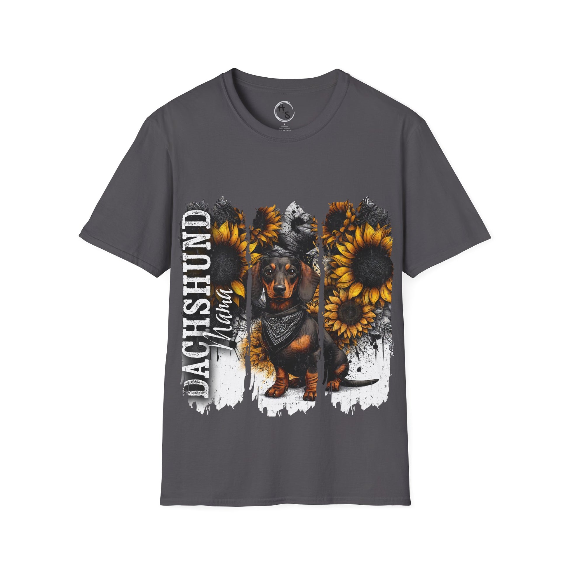 Gray t-shirt with a dachshund and sunflower design on a white background