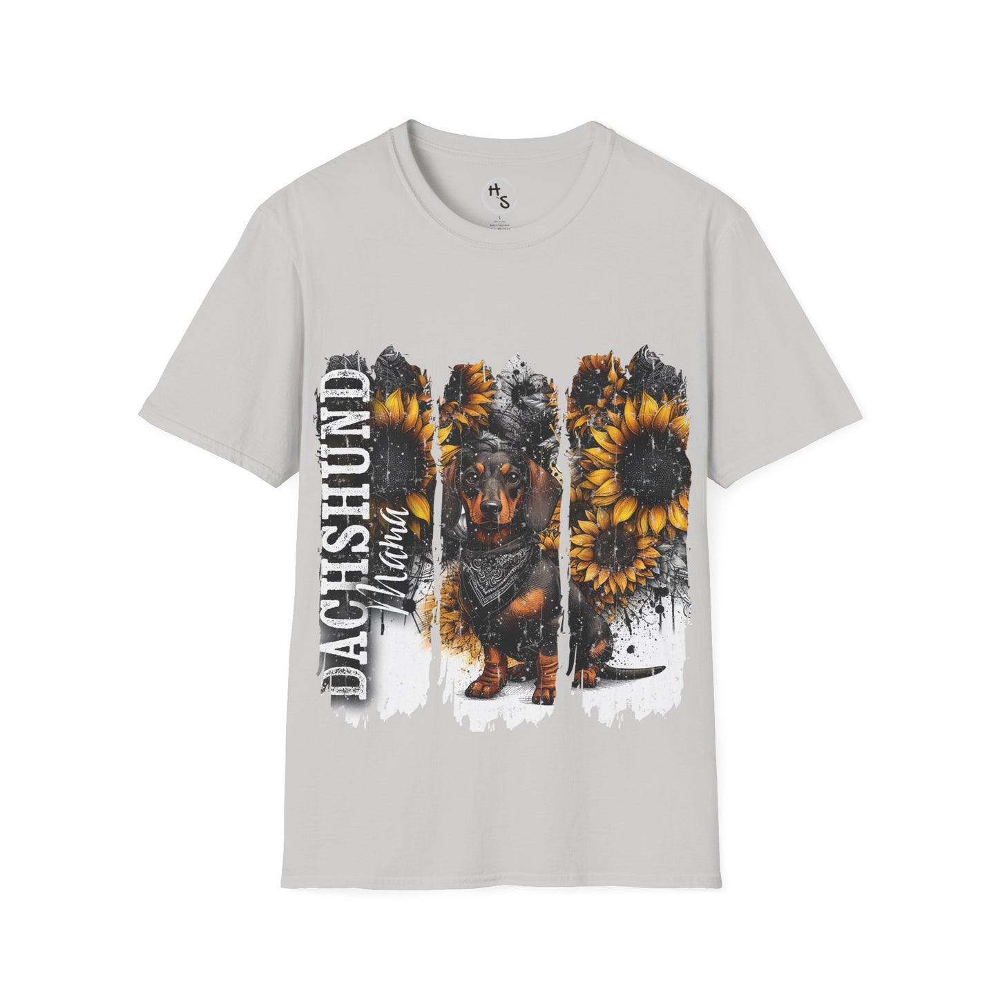 Gray t-shirt with Dachshund and sunflower design on a white background