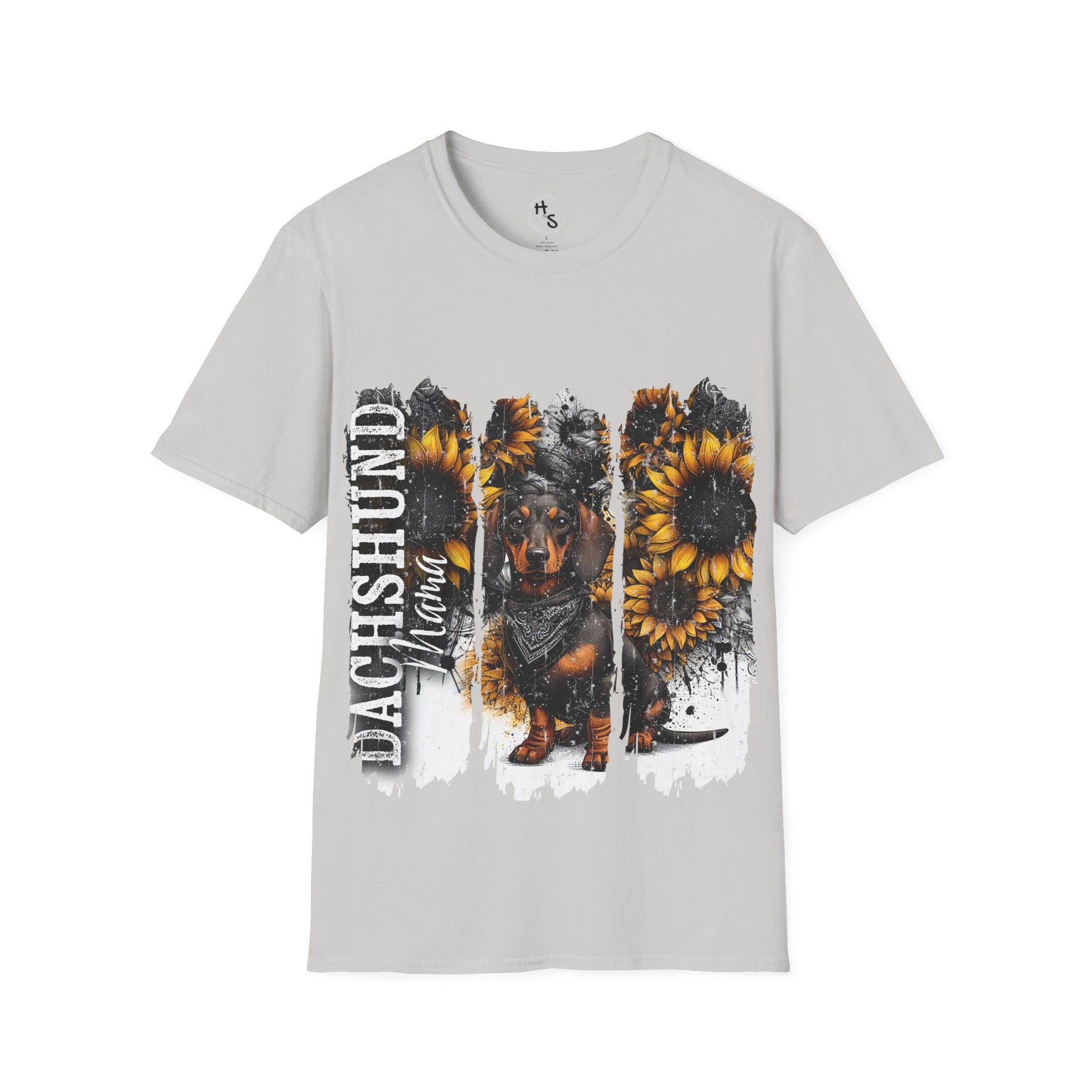 Gray t-shirt with Dachshund and sunflower design on a white background
