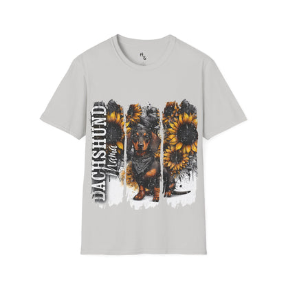 Gray t-shirt with Dachshund and sunflower design on a white background
