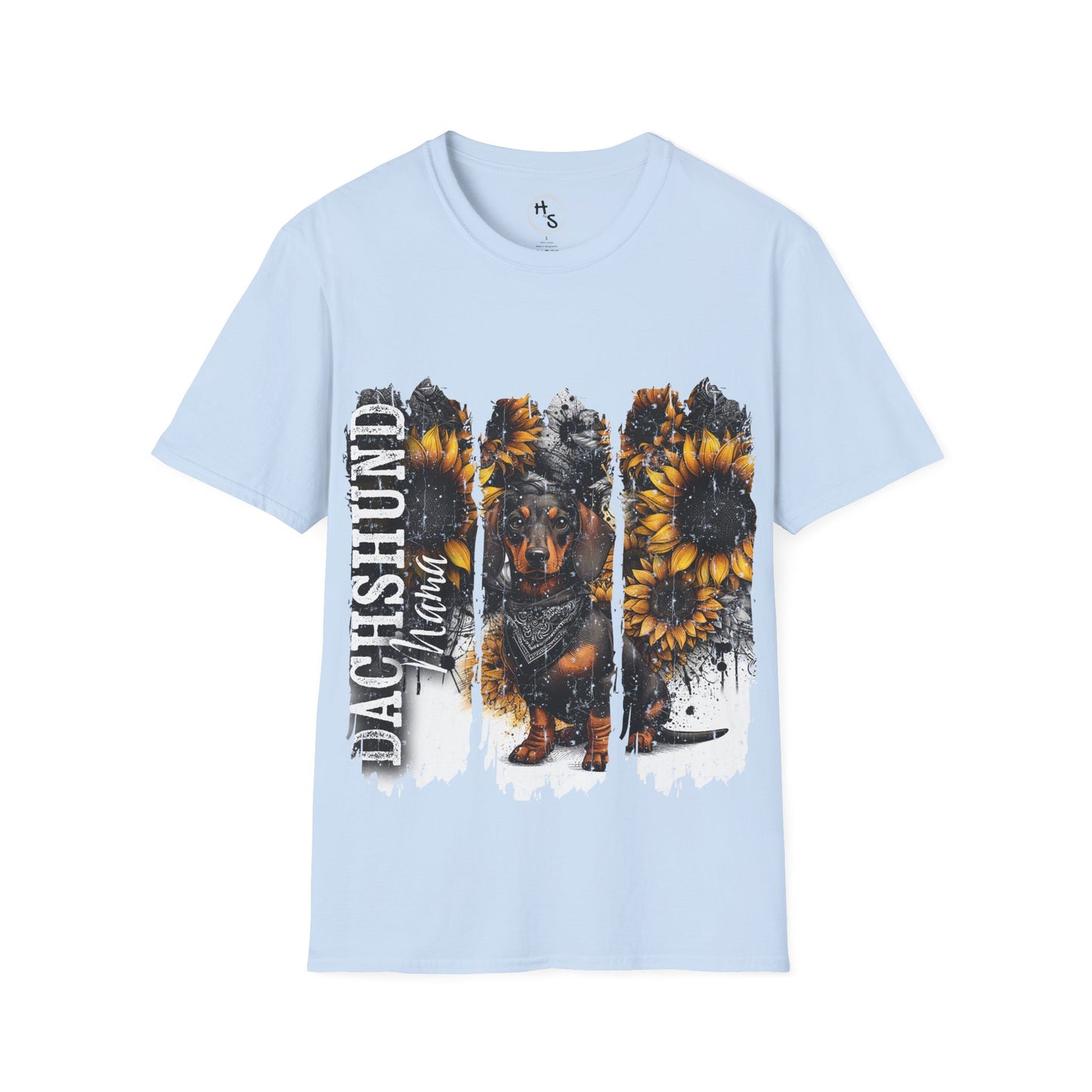 Light blue t-shirt with Dachshund and sunflower design on a white background