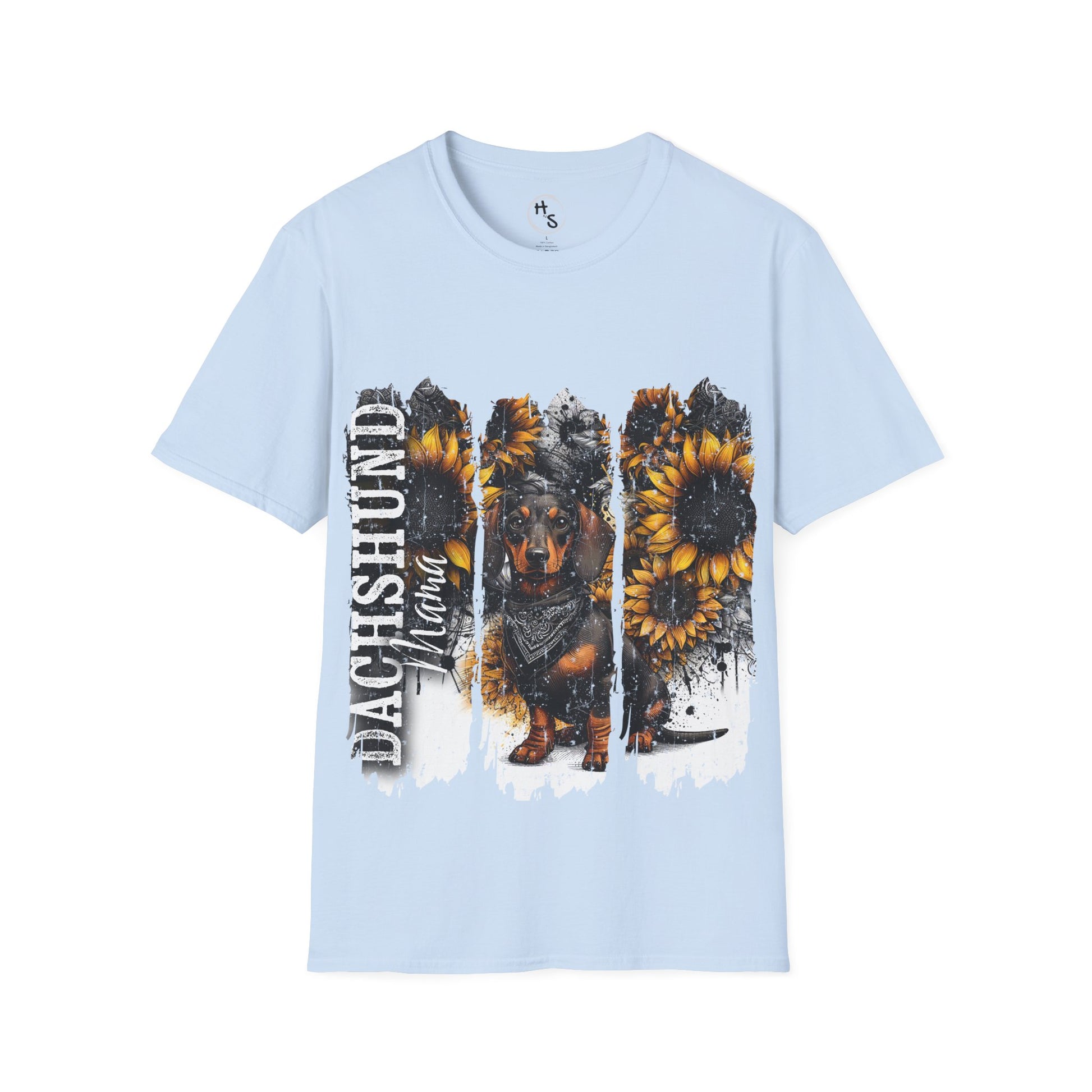 Light blue t-shirt with Dachshund and sunflower design on a white background