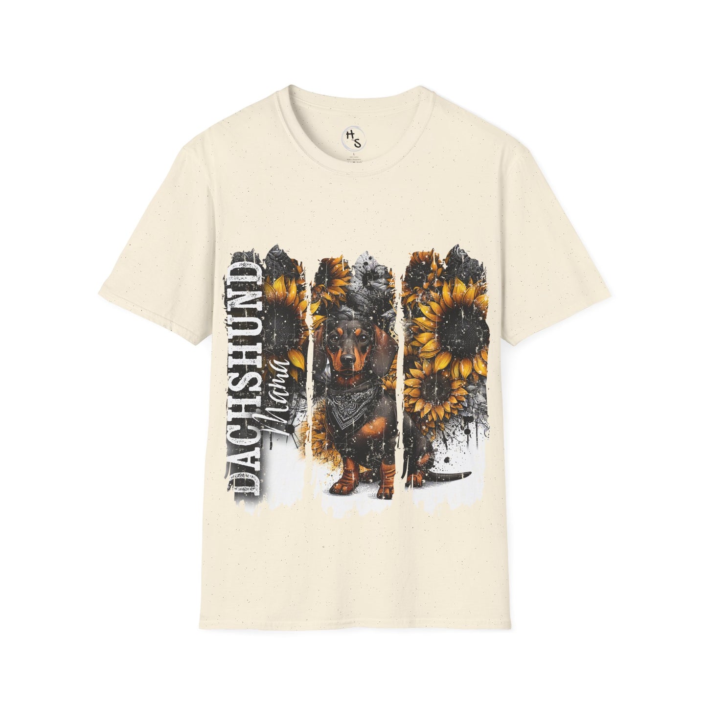 Beige t-shirt with Dachshund and sunflower design on a white background