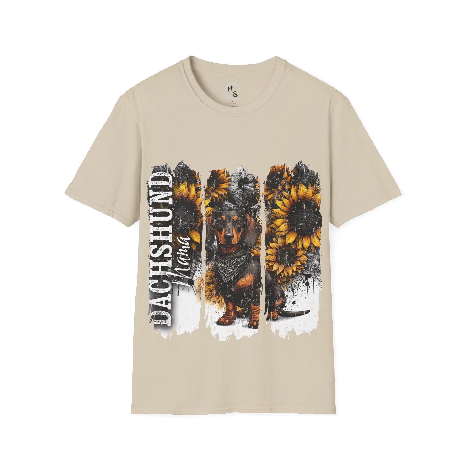 Beige t-shirt with a dachshund and sunflower design on a white background