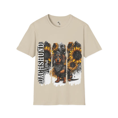 Beige t-shirt with a dachshund and sunflower design on a white background