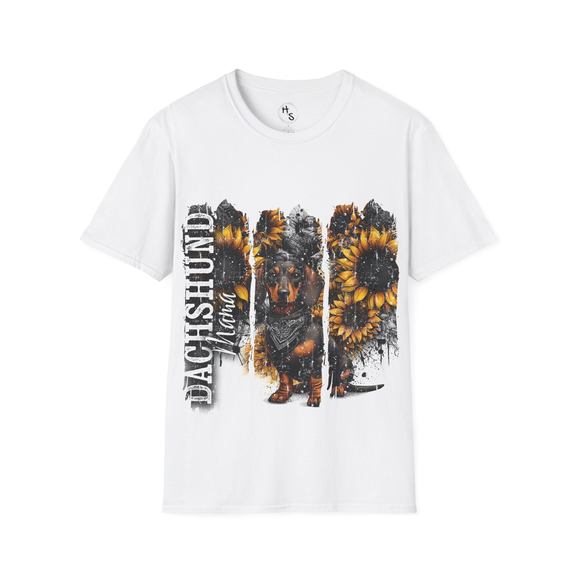 White t-shirt with a dachshund and sunflower design on a white background