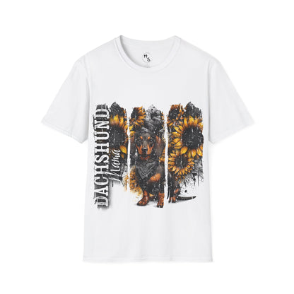 White t-shirt with a dachshund and sunflower design on a white background