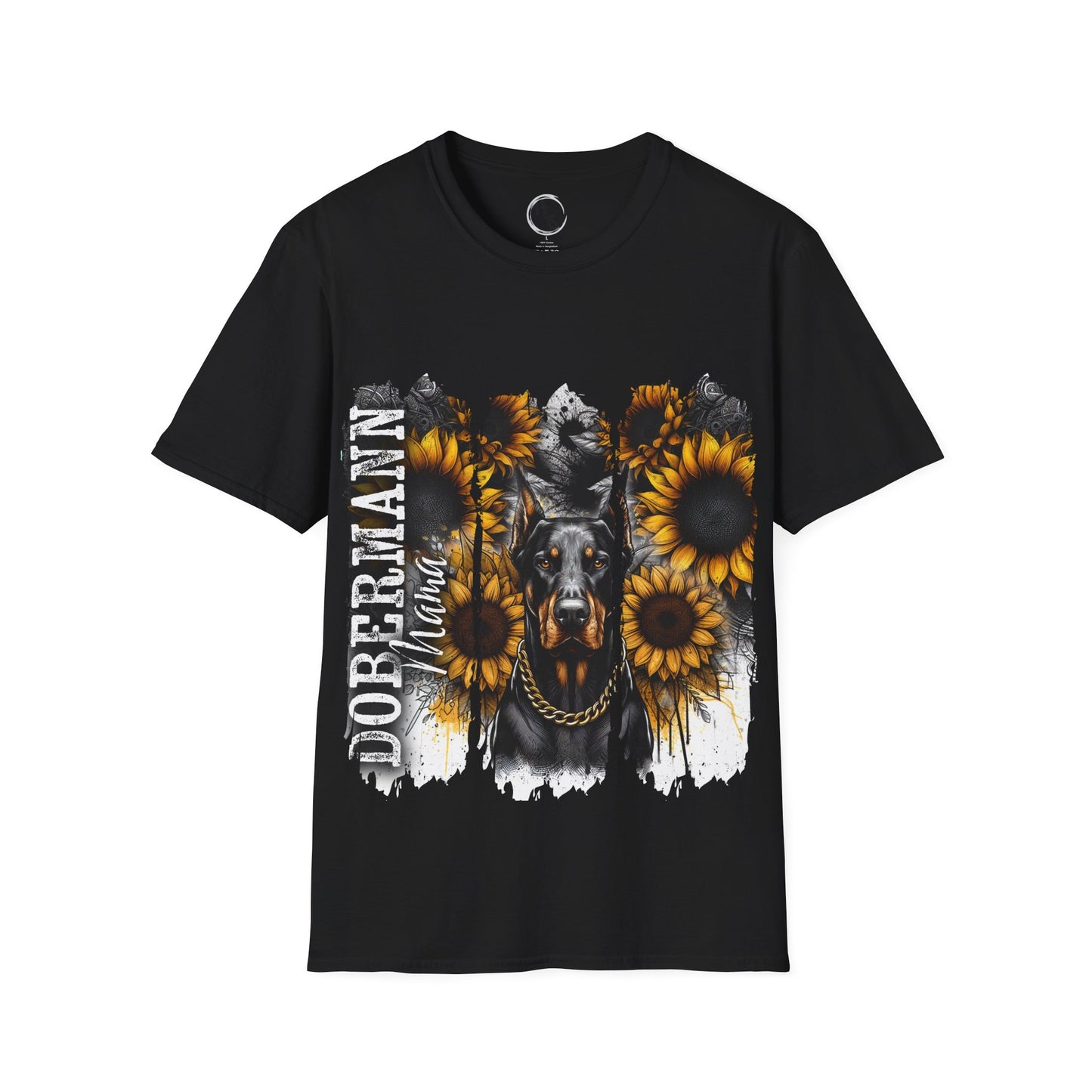 Black t-shirt with a Doberman and sunflower design on a white background