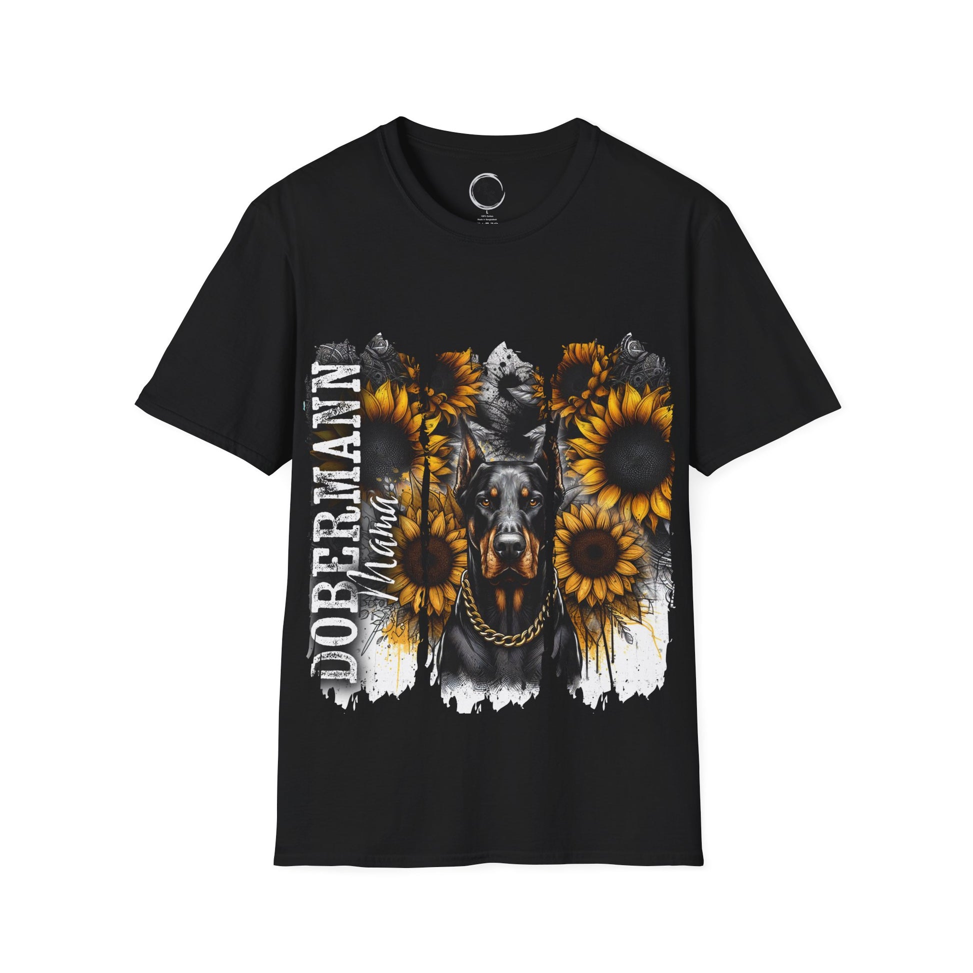 Black t-shirt with a Doberman and sunflower design on a white background