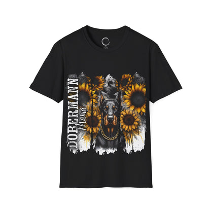 Black t-shirt with a Doberman and sunflower design on a white background