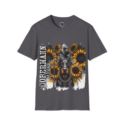 Gray t-shirt with a Doberman and sunflower design on a white background