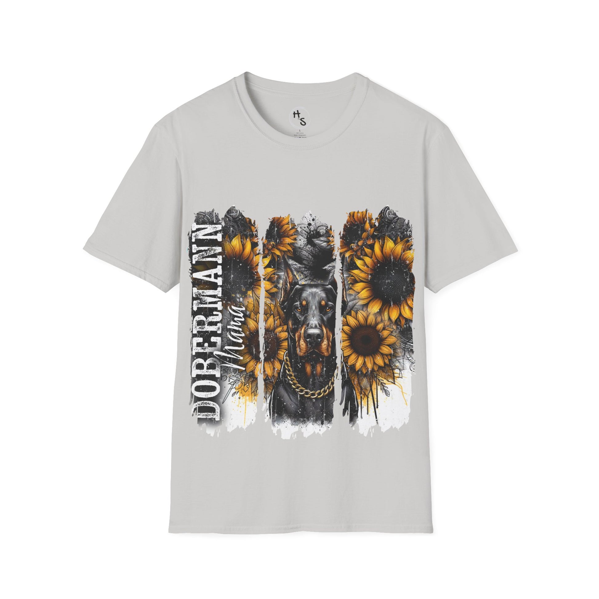 Gray t-shirt with a dobermann and sunflower design on a white background