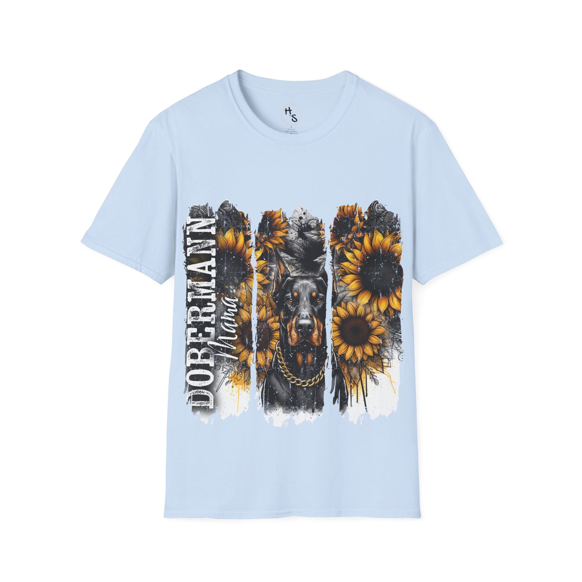 Light blue t-shirt with a graphic of a dobermann and sunflowers on a white background