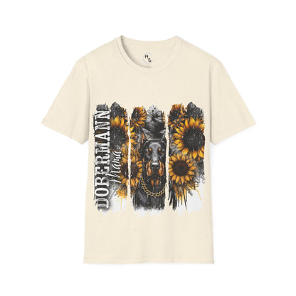 Beige t-shirt with a graphic of a dobermann and sunflowers on a white background