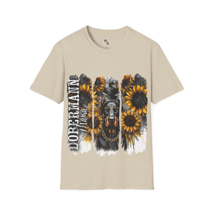 Beige t-shirt with a graphic of a dobermann and sunflowers on a white background