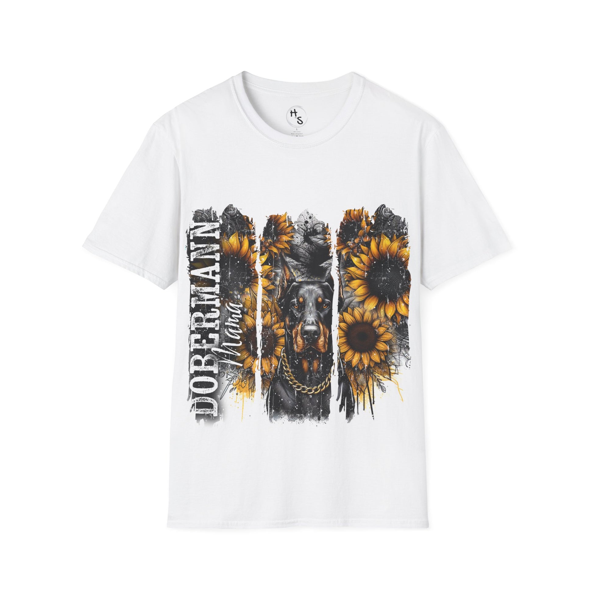 White t-shirt with a dobermann and sunflower design on a white background