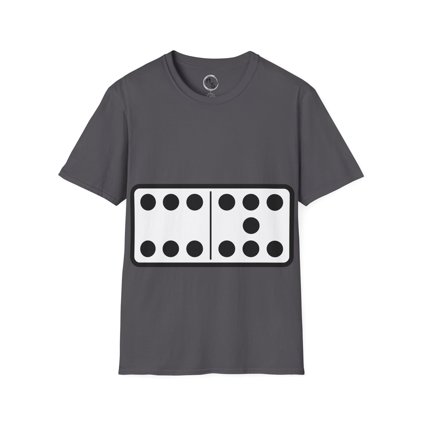 Gray t-shirt with a black and white 67 domino design on a white background