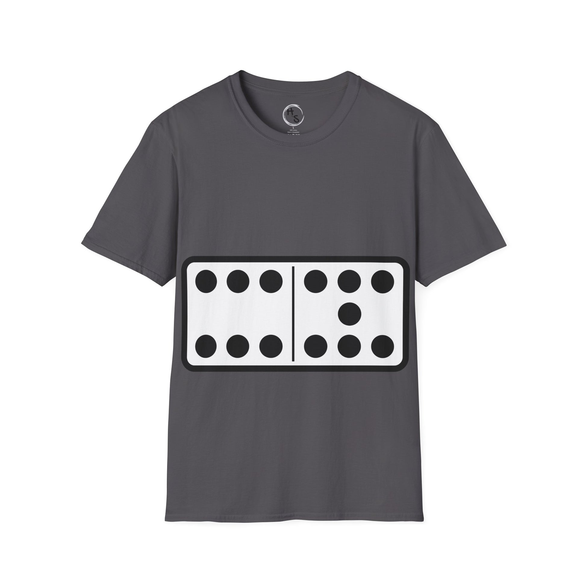 Gray t-shirt with a black and white 67 domino design on a white background