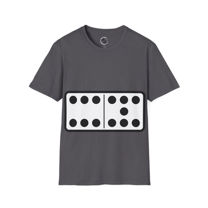 Gray t-shirt with a black and white 67 domino design on a white background