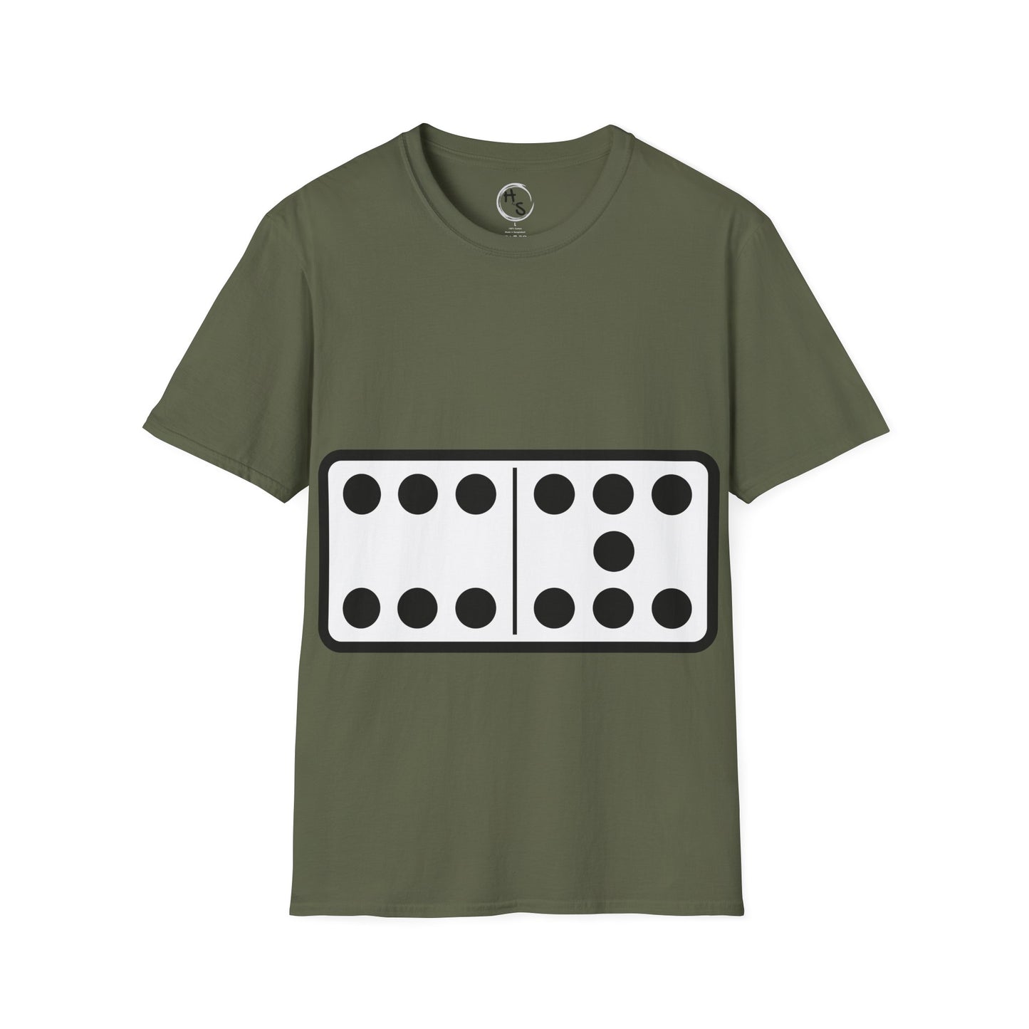 Green t-shirt with a black and white 67 domino design on a white background