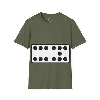 Green t-shirt with a black and white 67 domino design on a white background