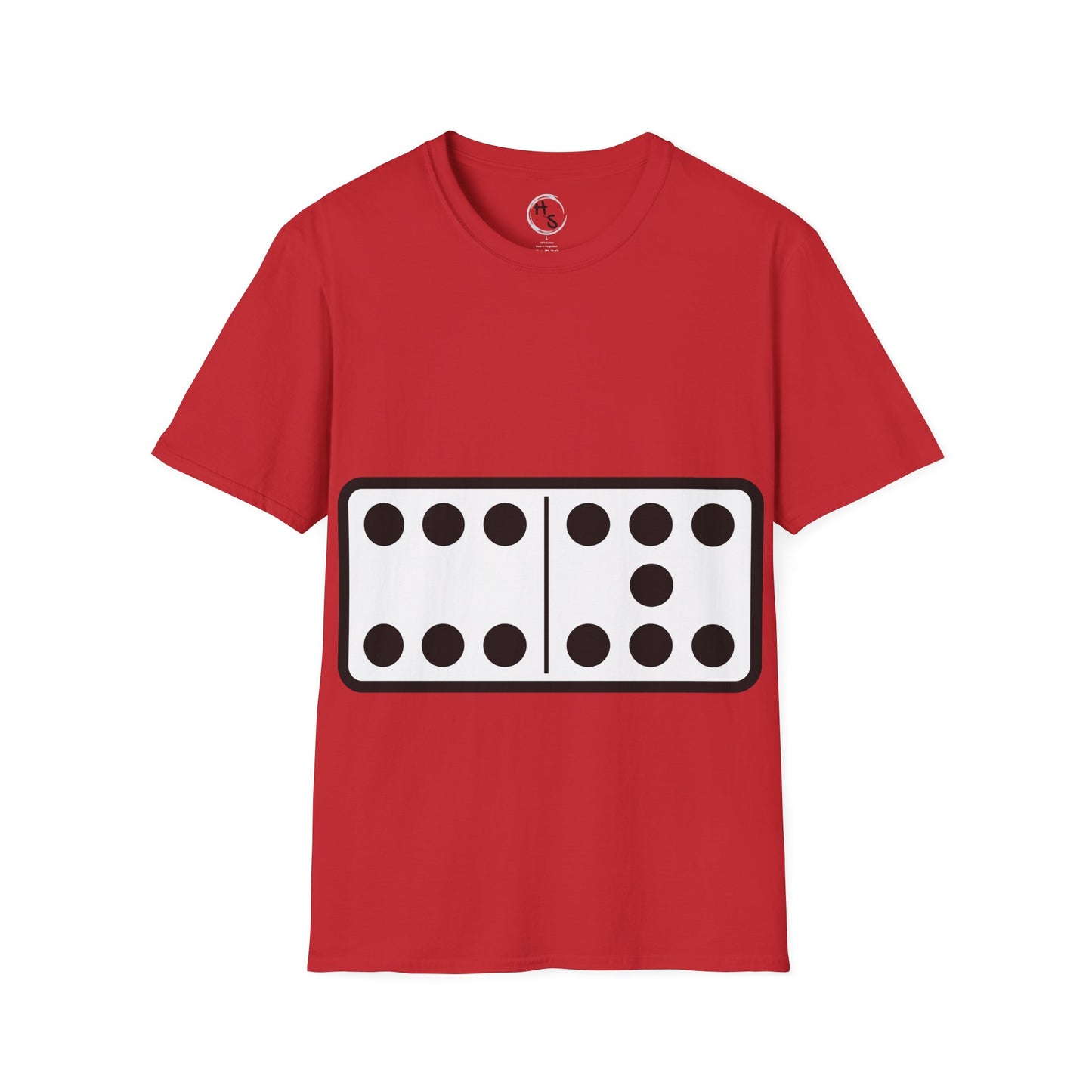 Red t-shirt with a black and white 67 domino design on a white background
