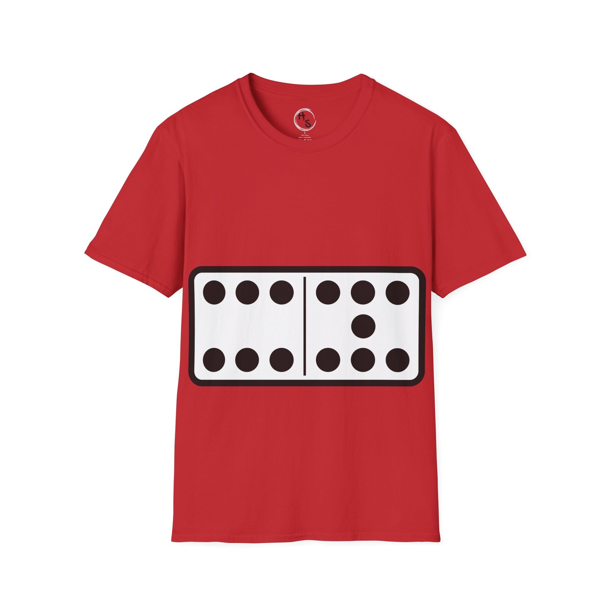 Red t-shirt with a black and white 67 domino design on a white background